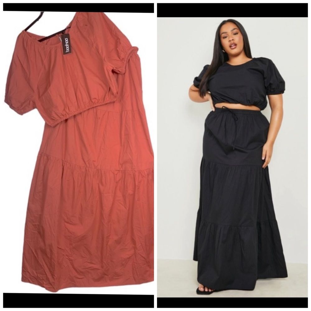 Boohoo Wm’s Plus Sz 14 Rust Poplin 2 Piece Crop Top Maxi Skirt Set